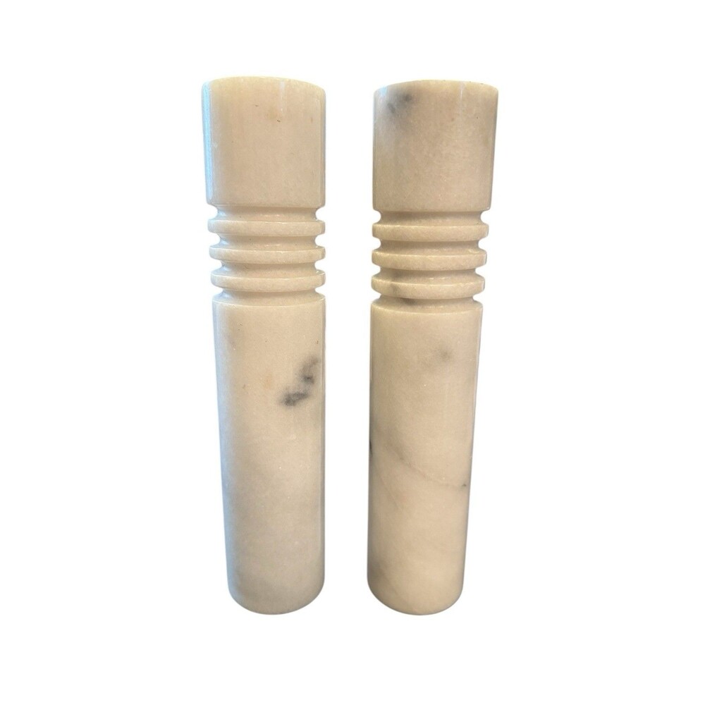 Vintage Marble MCM Candlesticks Pair White & Grey 9”